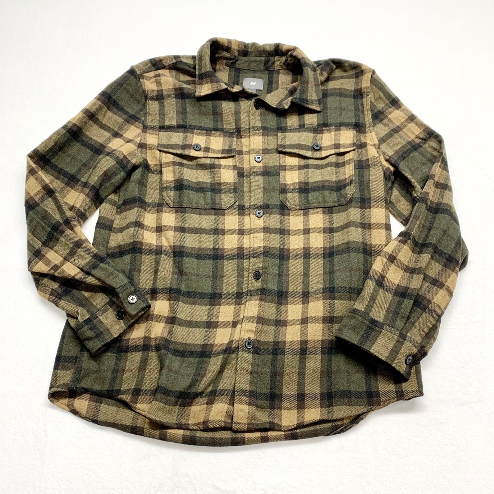 H&M Plaid Flannel Button Up Shirt Mens Sz L Green Tan Checkered Polyester Blend